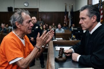 Un anciano asustado en un tribunal de justicia esperando el veredicto final de su caso