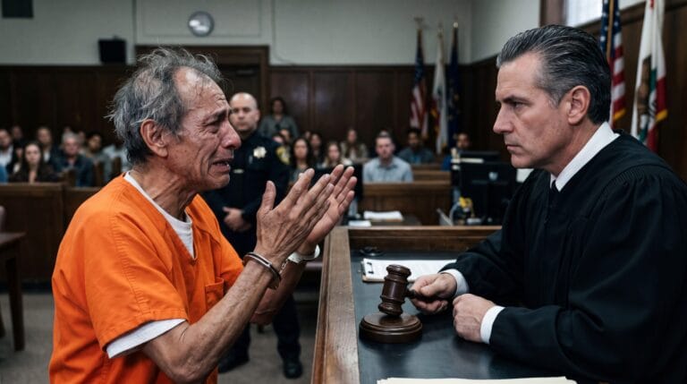 Un anciano asustado en un tribunal de justicia esperando el veredicto final de su caso