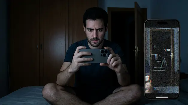 Un plano detalle de un ojo humano reflejando una pantalla de teléfono con un punto rojo brillante