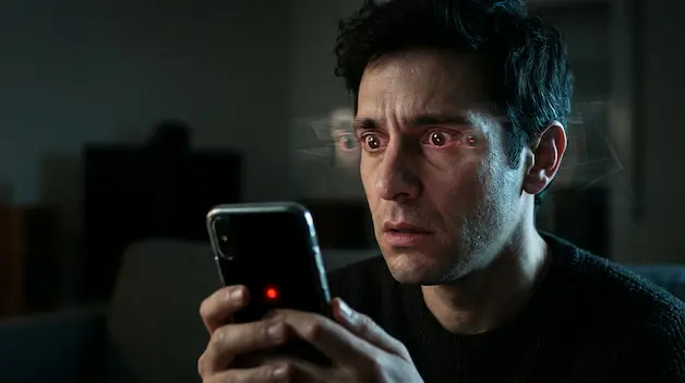 Un plano detalle de un ojo humano reflejando una pantalla de teléfono con un punto rojo brillante